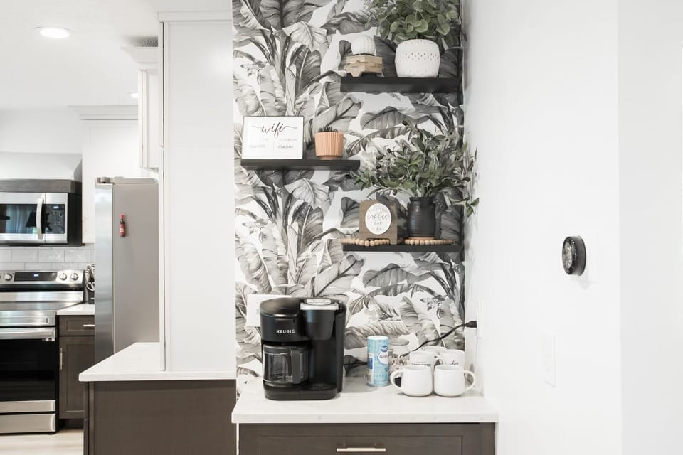 complementary coffee bar with a selection of coffees, creamer, and sugar.