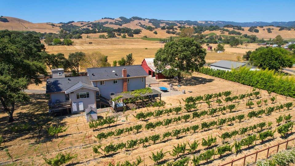This home offers stunning views of vineyards, Felder Creek, and Sonoma hills.
