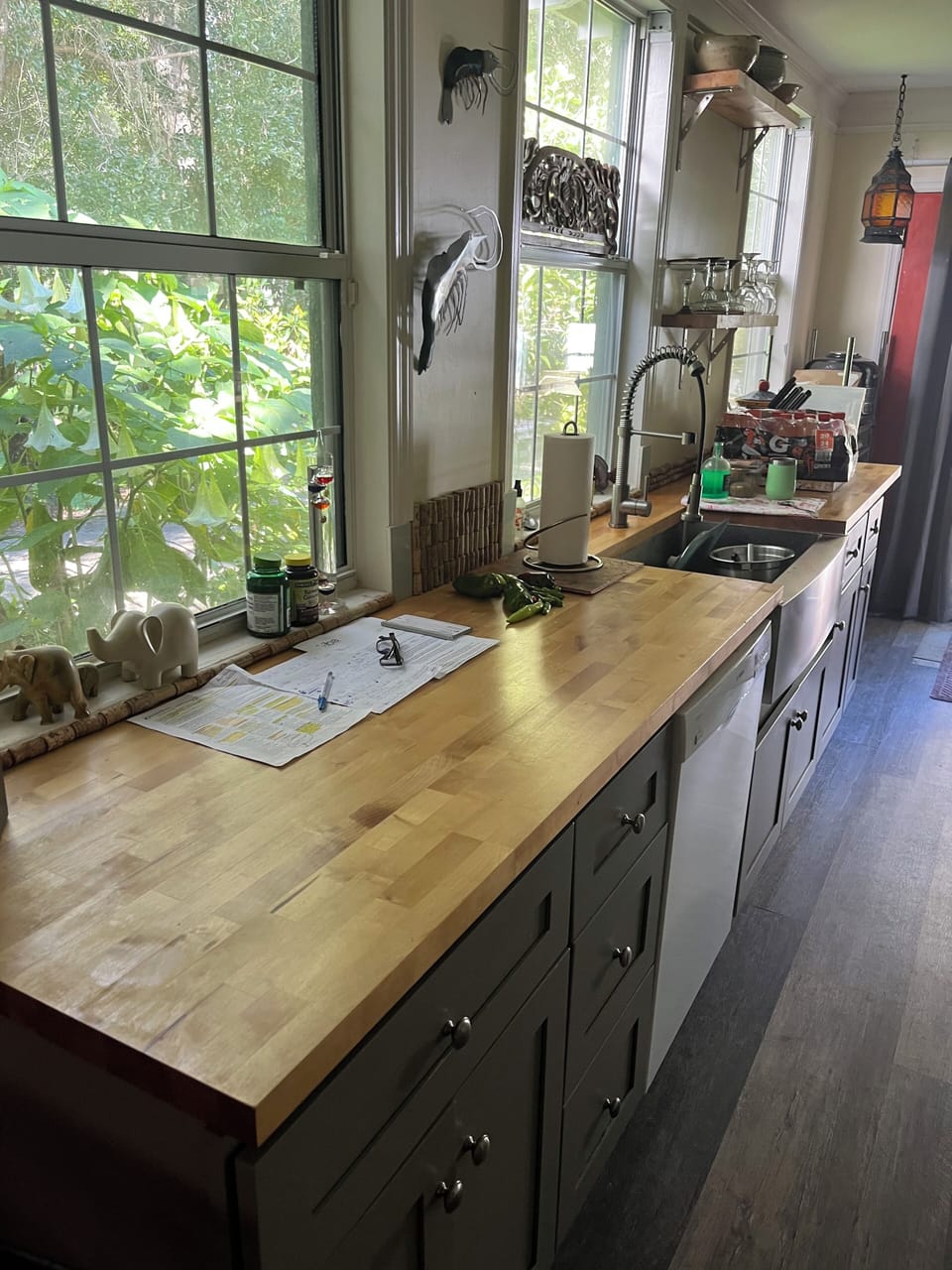Long butcher block kitchen stainless sink 