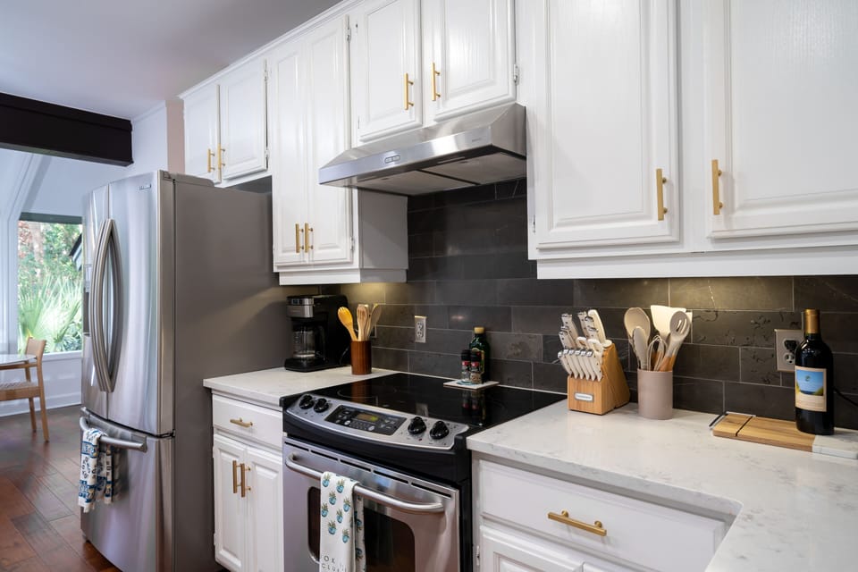 Quartz counters and subway tiled walls