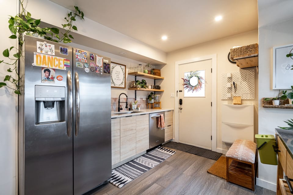 Well stocked kitchen with new appliances. 