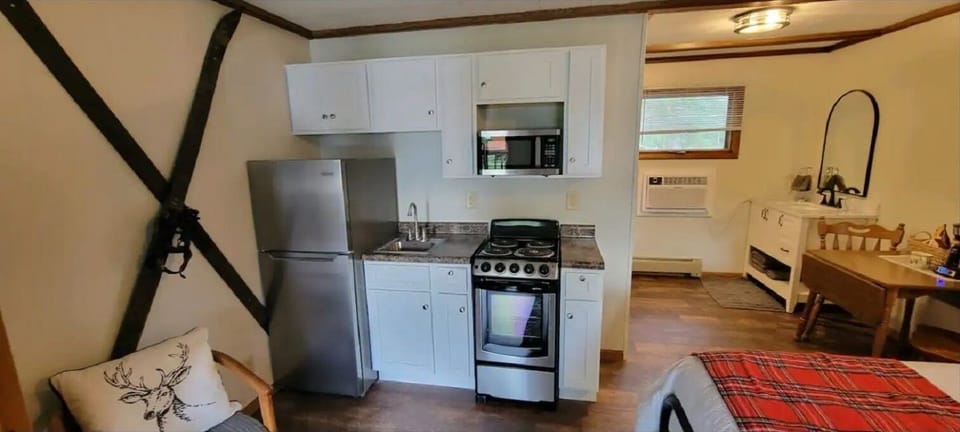 Fridge, freezer, oven/stove, sink, and microwave available for use