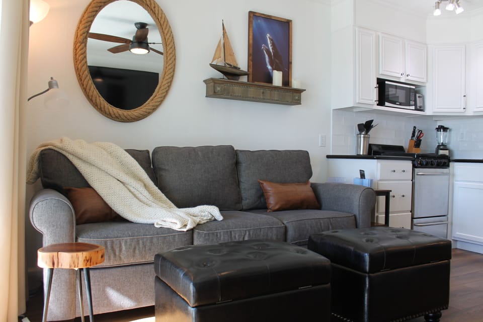 Comfy Pottery Barn couch with pullout bed with gel mattress