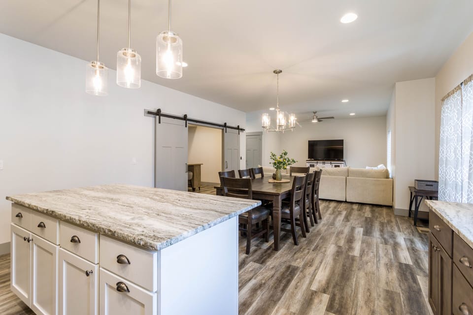 View from kitchen into the dining space.