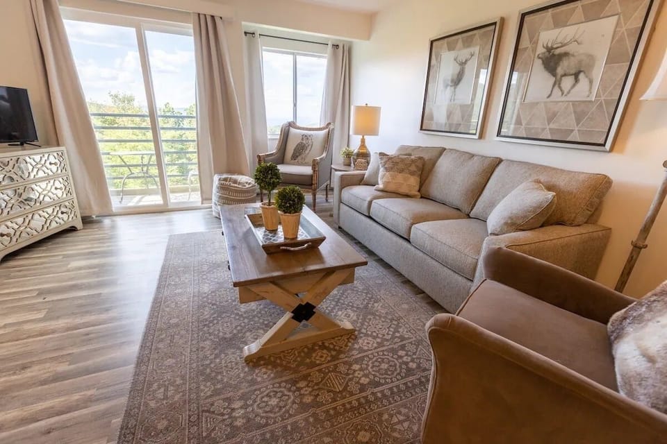 Relax watching TV in the living room that opens onto the private patio. 