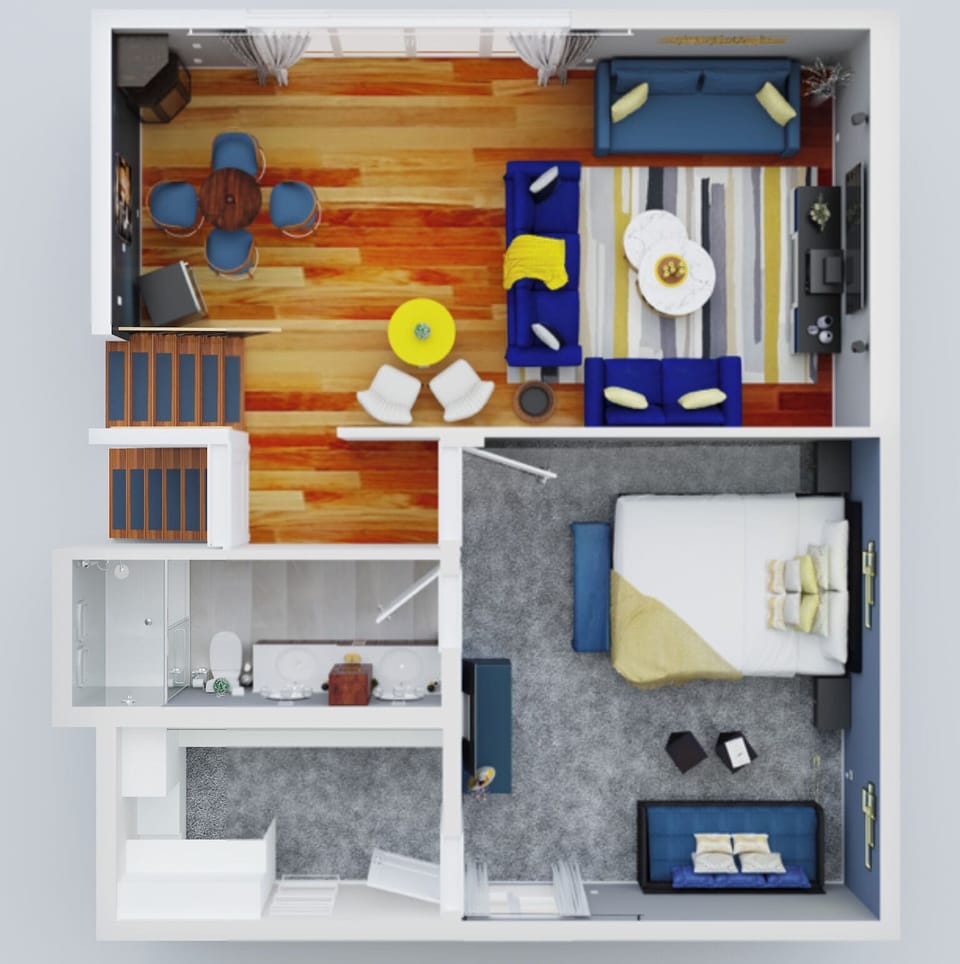 Main Level 2: Living Room and En-Suite Master Bedroom with King Bed + Twin Trundle.