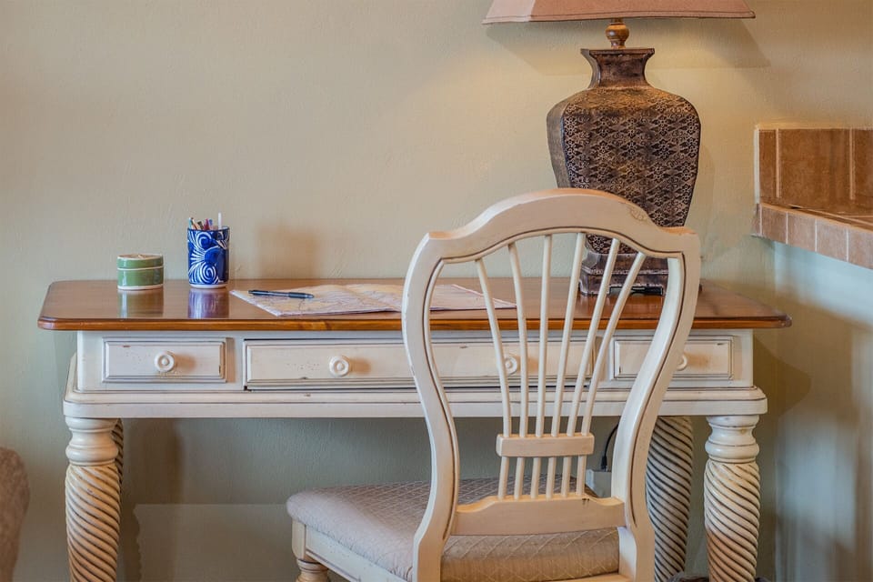 The living room has a very convenient desk