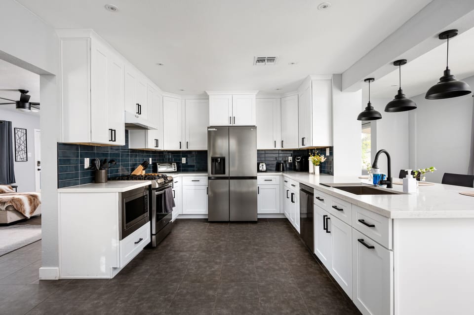 Cooking space with stainless steel appliances.