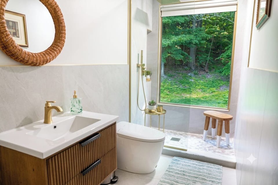 🌿 Spa-inspired bathroom with forest views, luxury finishes & serenity. ✨