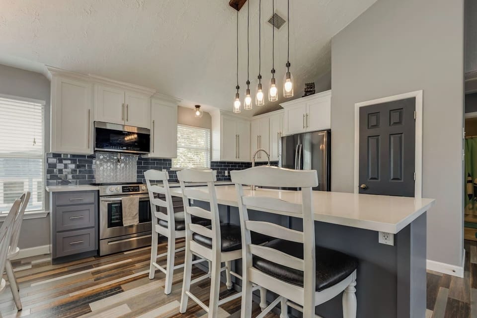 Newly remodeled kitchen for breakfast on barstools/anytime ease.