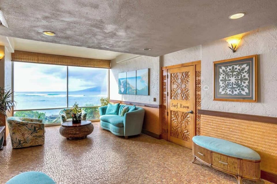 Beautiful ocean view resort lobby.