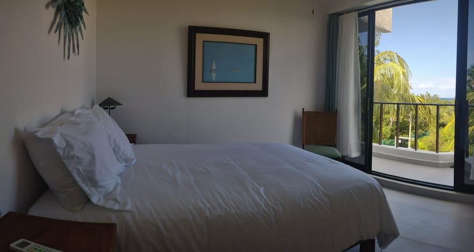 Queen bedroom with ocean and jungle views from balcony and large closet.