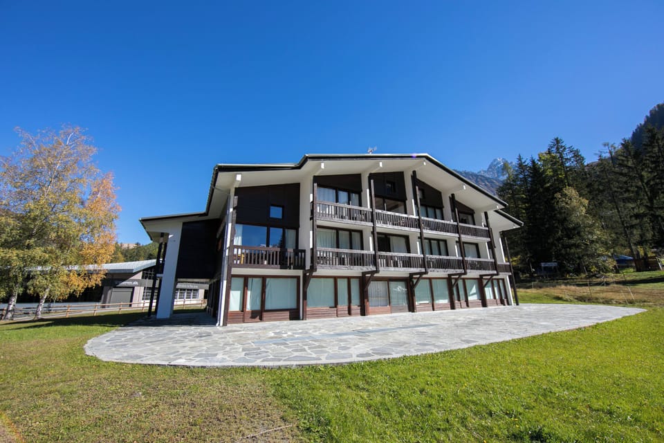 Outside view of stylish apartment building