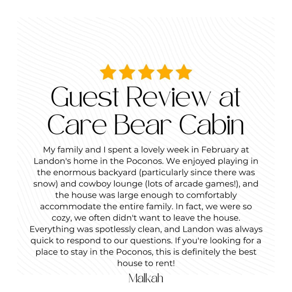To see what our previous guests have loved about their stay at Care Bear Cabin, check out our fantastic online guest reviews!