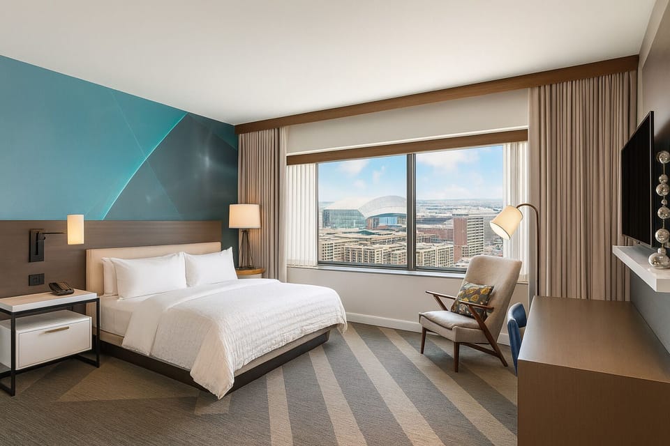 Wake up to skyline views from crisp, cloud-soft bedding.