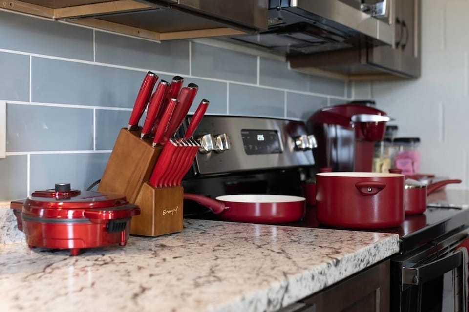 Kitchen is well stocked with everything too cook a nice meal for your family. 