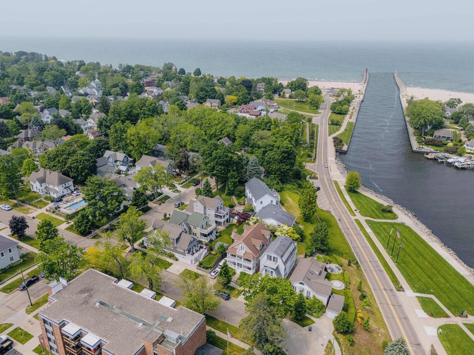 Drone photo of home near the Black River Channel and Lake Michigan