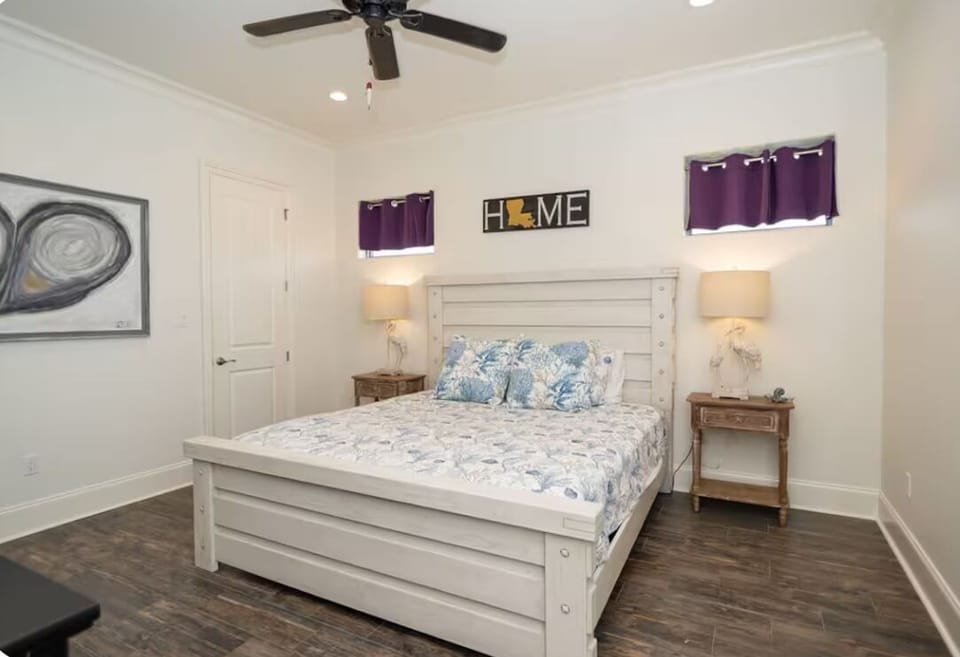 The master bedroom is very comfortable with an adjustable king bed.