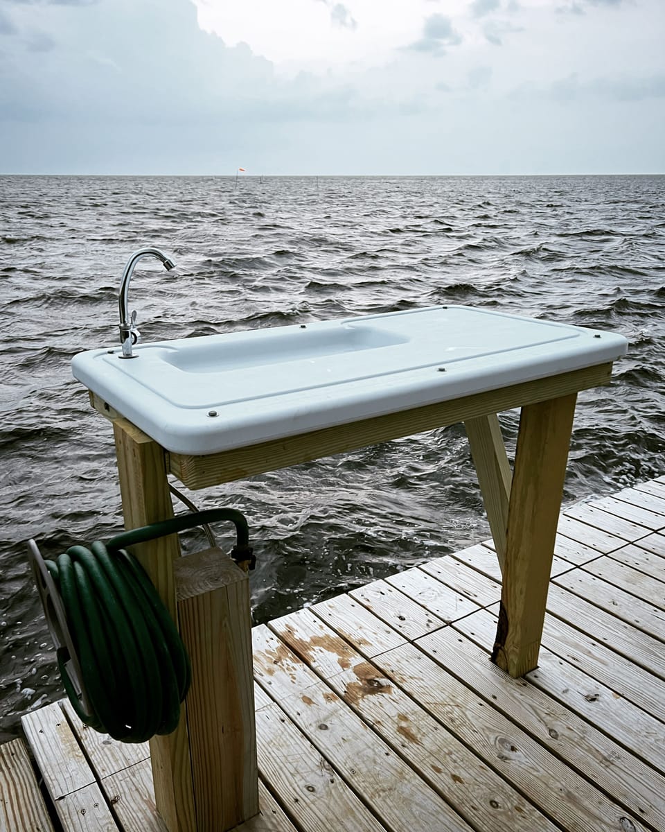 Custom fish-cleaning table with faucet and hose.