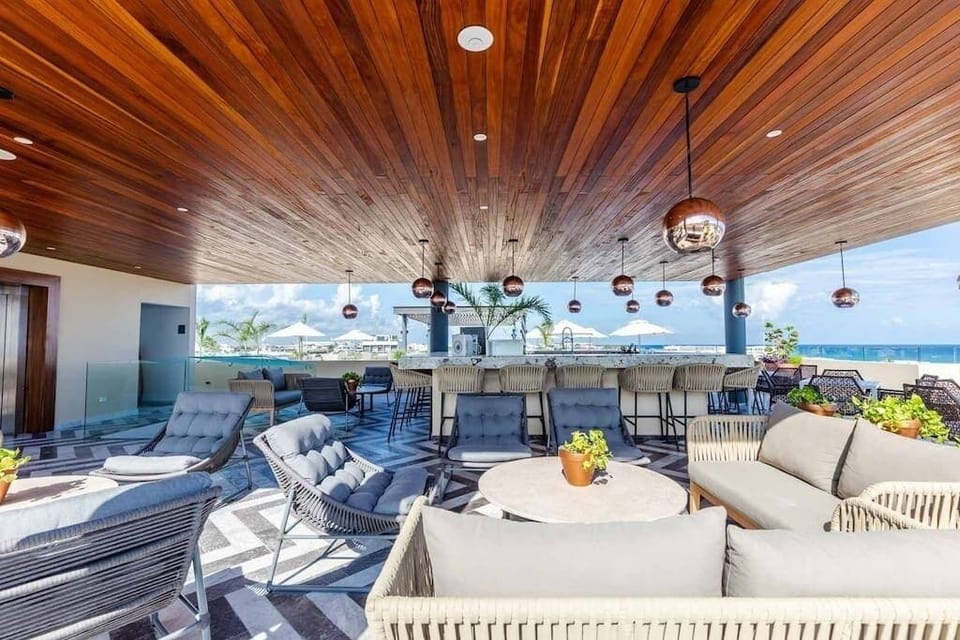 Shared rooftop lounge and pool deck