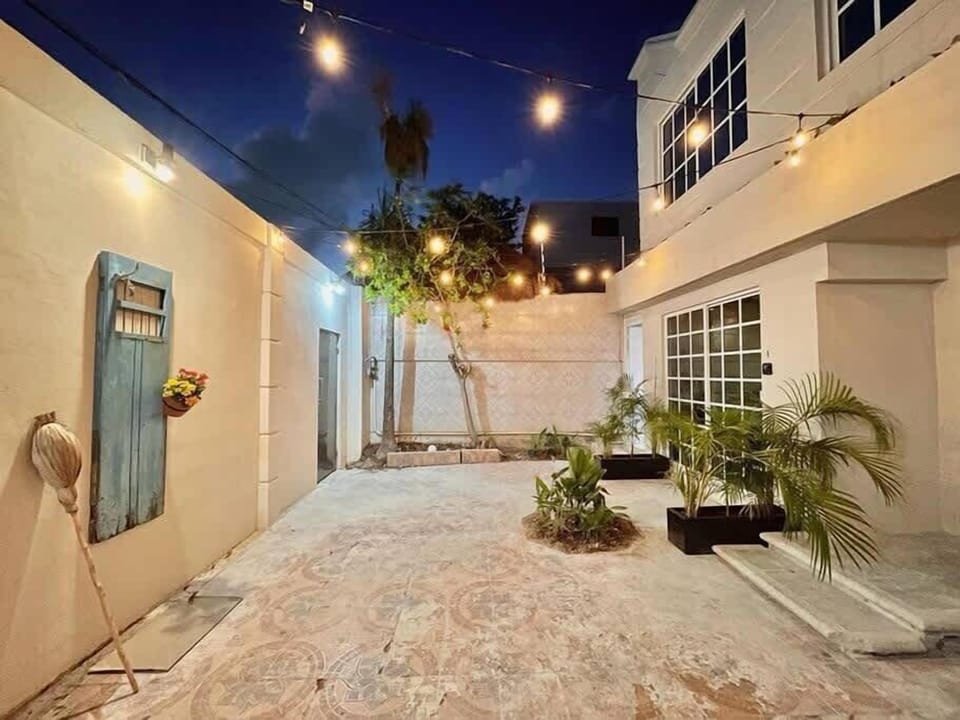 Exterior walkway at dusk