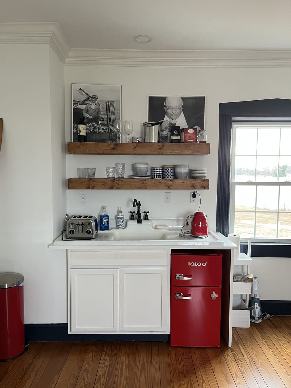 Small kitchenette on main floor of guest house. Toaster, tea kettle, coffeemaker