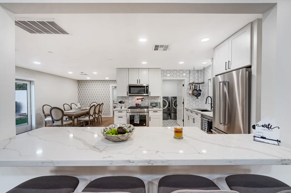 Kitchen overlooking dining area