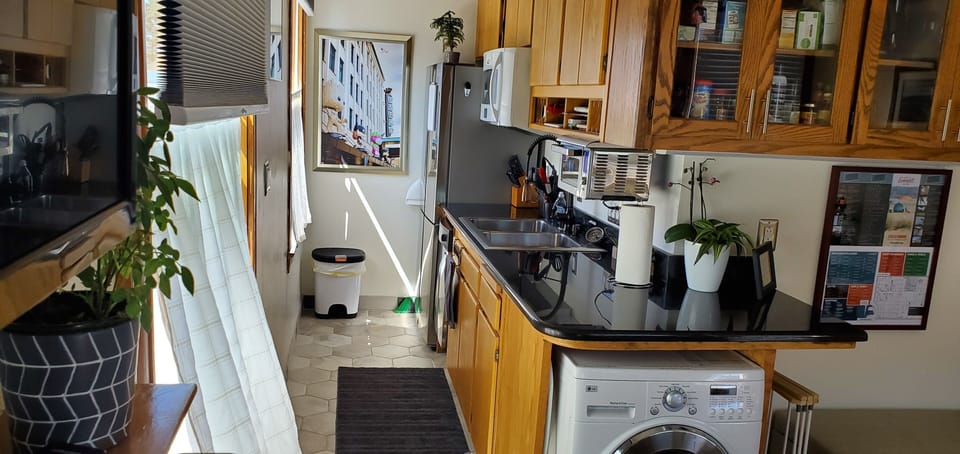 kitchen, full size refrigerator, dishwasher, 2 burner stove top, microwave