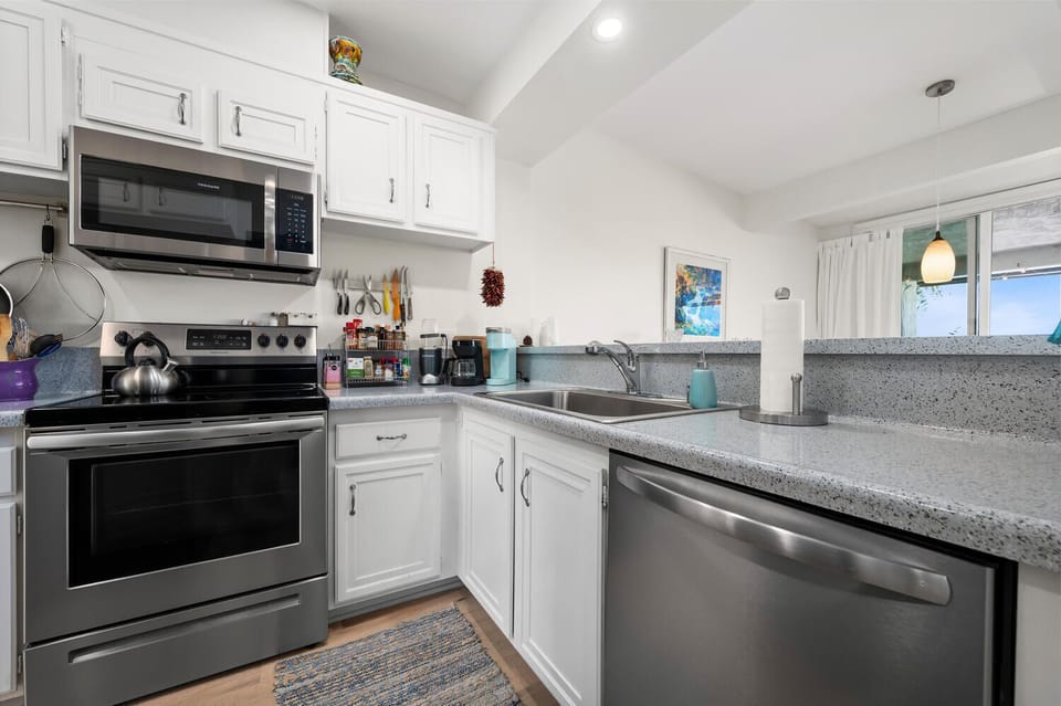 Kitchen open to dining area.
