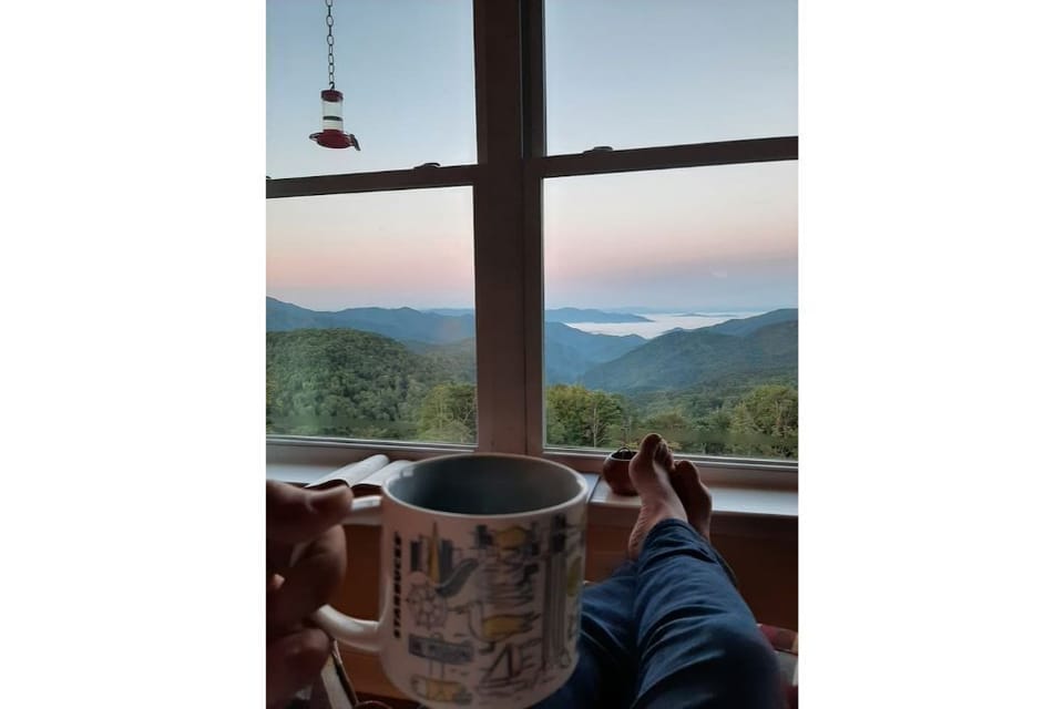 Relax to cup of coffee, hot tea as you watch hummingbirds inches from the window