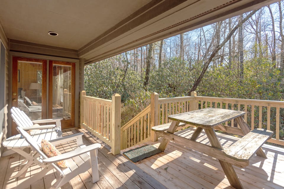Back Porch overlooking moss lawn and mountain stream.