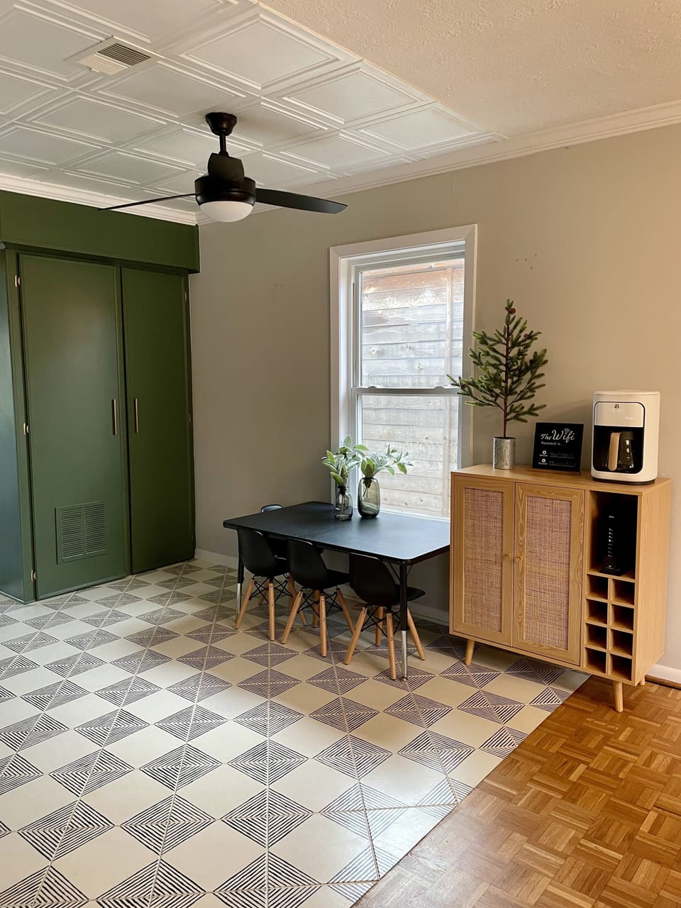 Coffee bar, kids table, and pantry