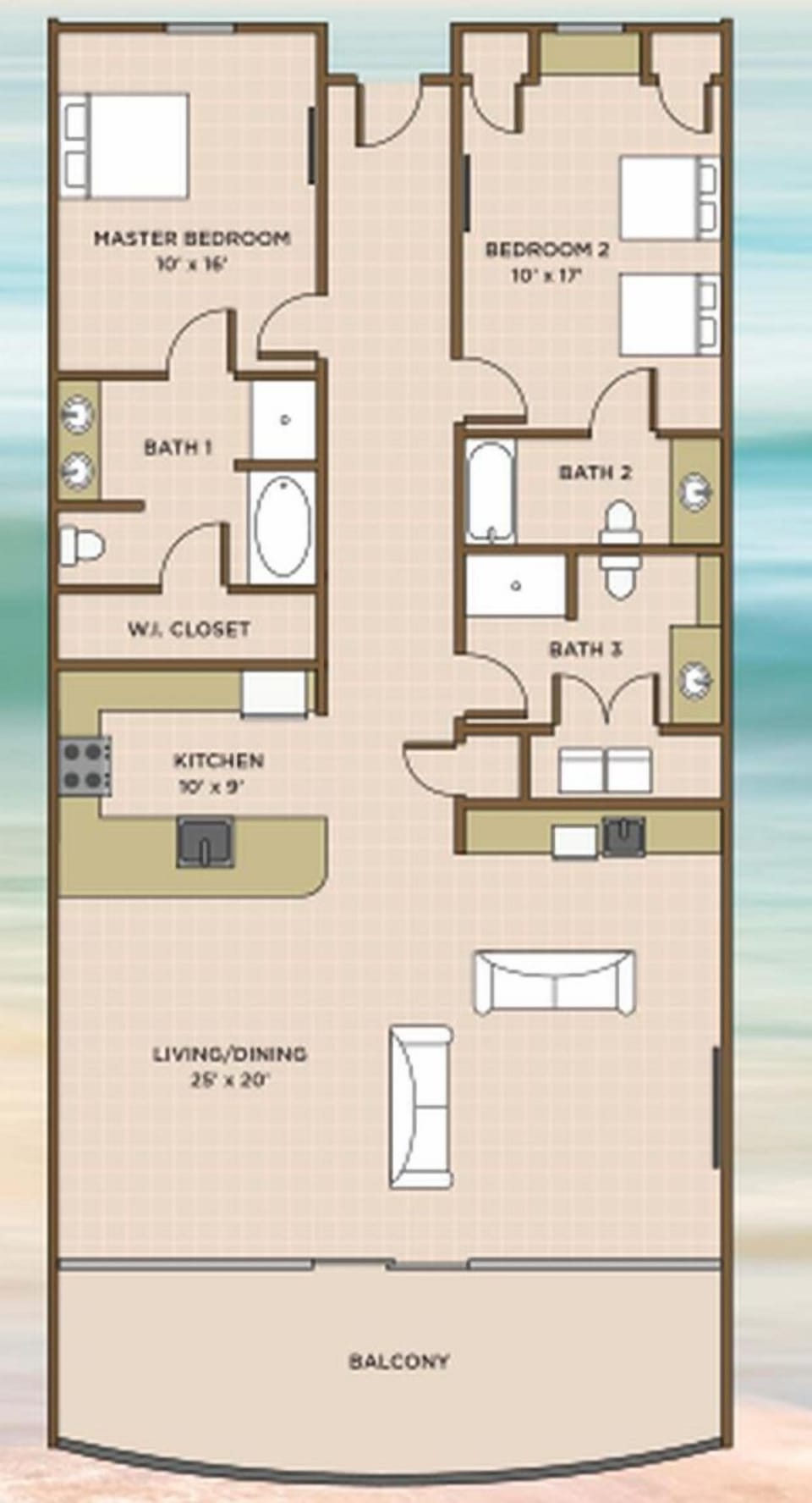 Explore this spacious 2 bedroom layout with 3 baths, laundry closet, and balcony on the beach