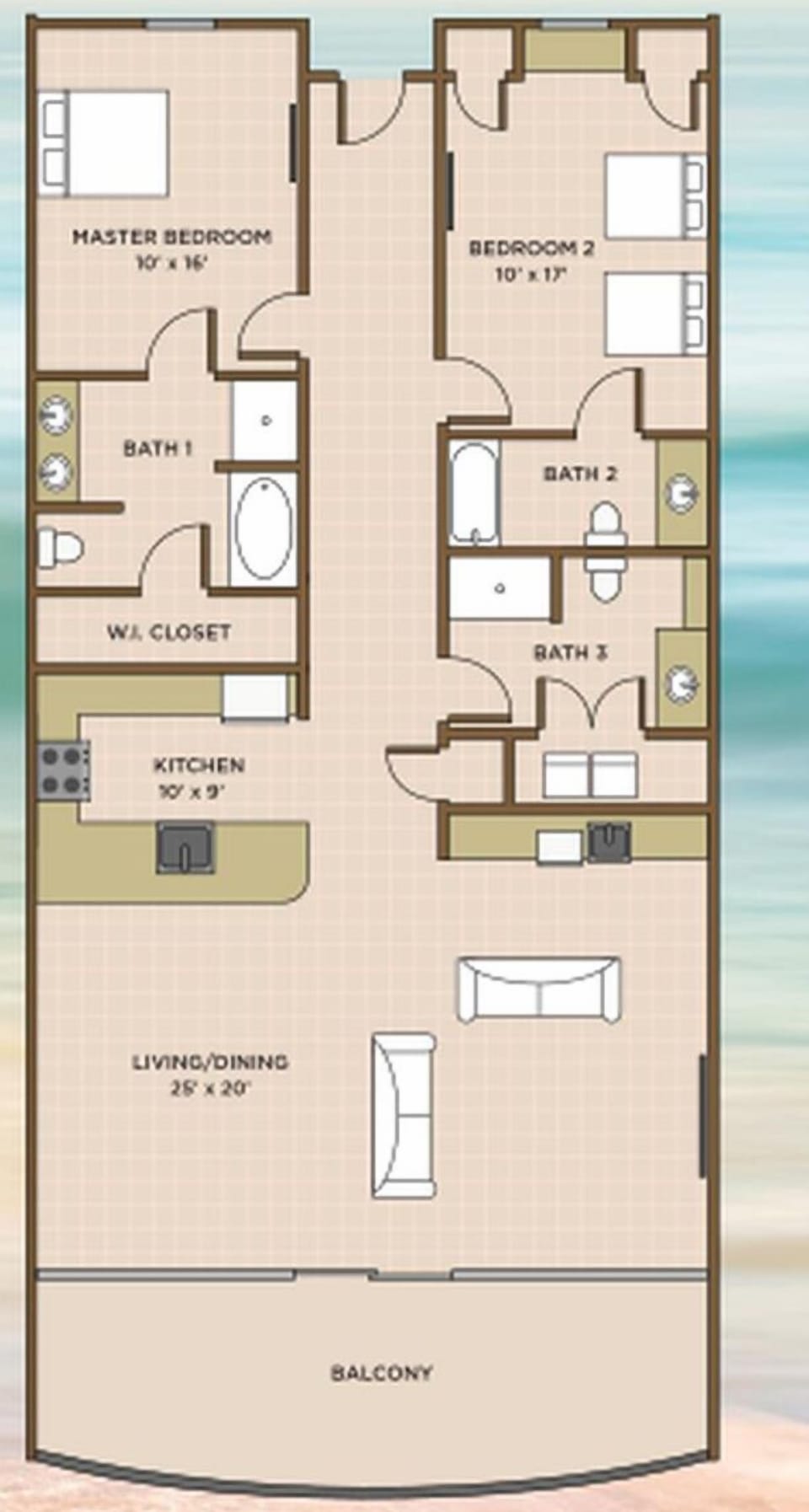 Explore this spacious 2 bedroom layout with 3 baths, laundry closet, and balcony on the beach