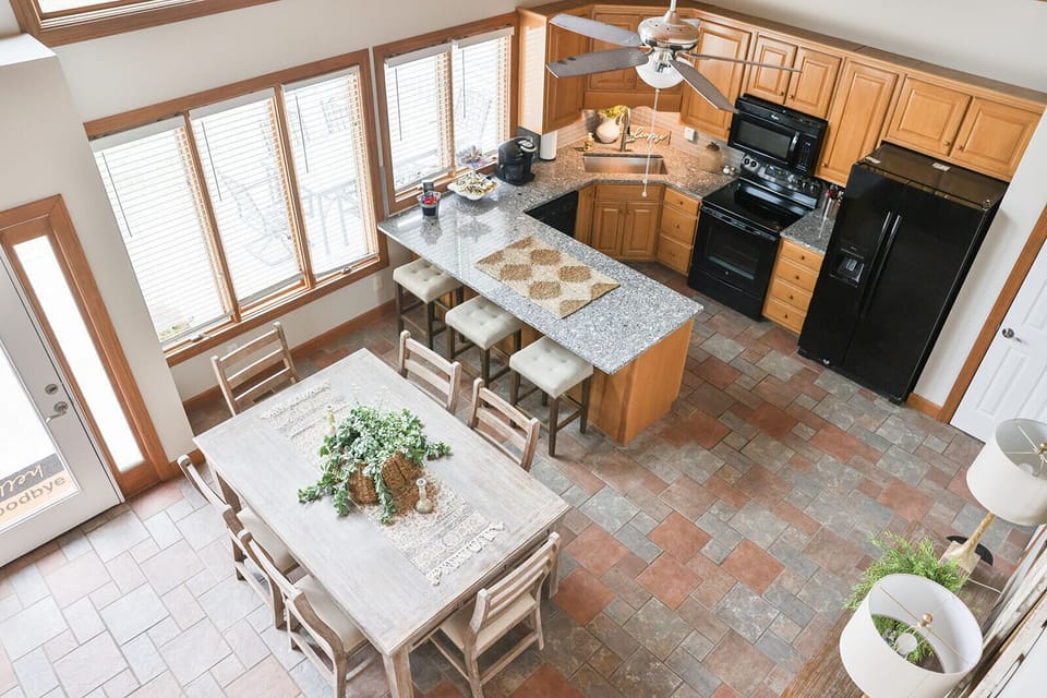 Overhead view of the dining area and kitchen 