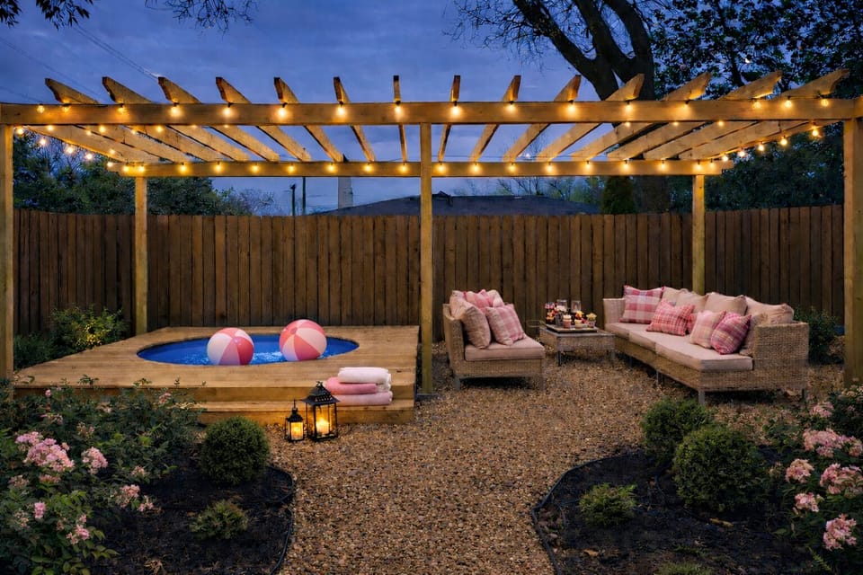 Evenings under the string lights with a refreshing seasonal (May - Oct) soak and cozy sofas.