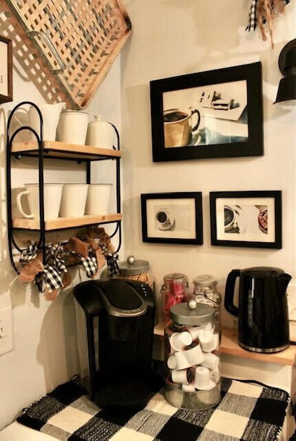Grab your morning hot beverage from the coffee and tea bar with pod-style coffeemaker plus pods, electric tea pot, and coffee/tea supplies.