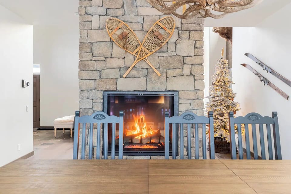 Dining area with a fireplace.
