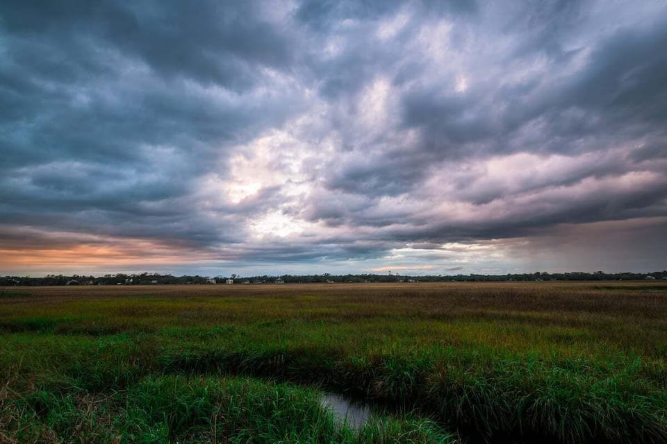Cloudy sky over grassy meadow