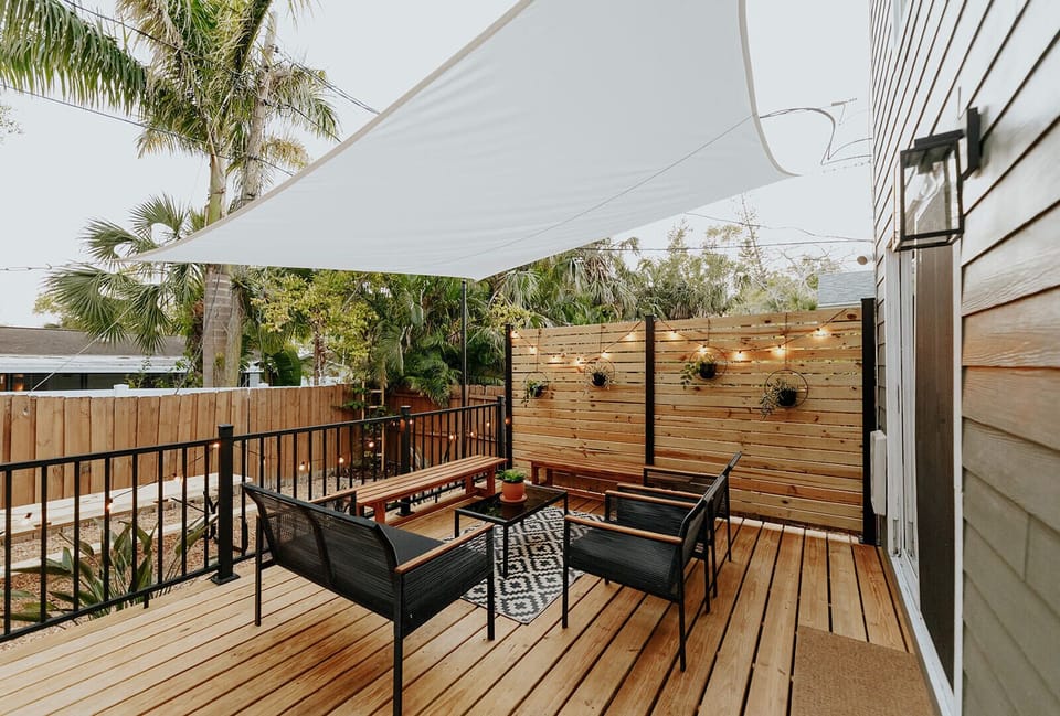Modern boho vibes on the deck - enjoy your morning coffee or a glass of wine