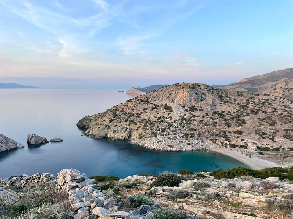 One of the breathtaking views that'll meet you if you hike over the hills in Delfini to the deserted neighboring bay of Vavaroussa. 