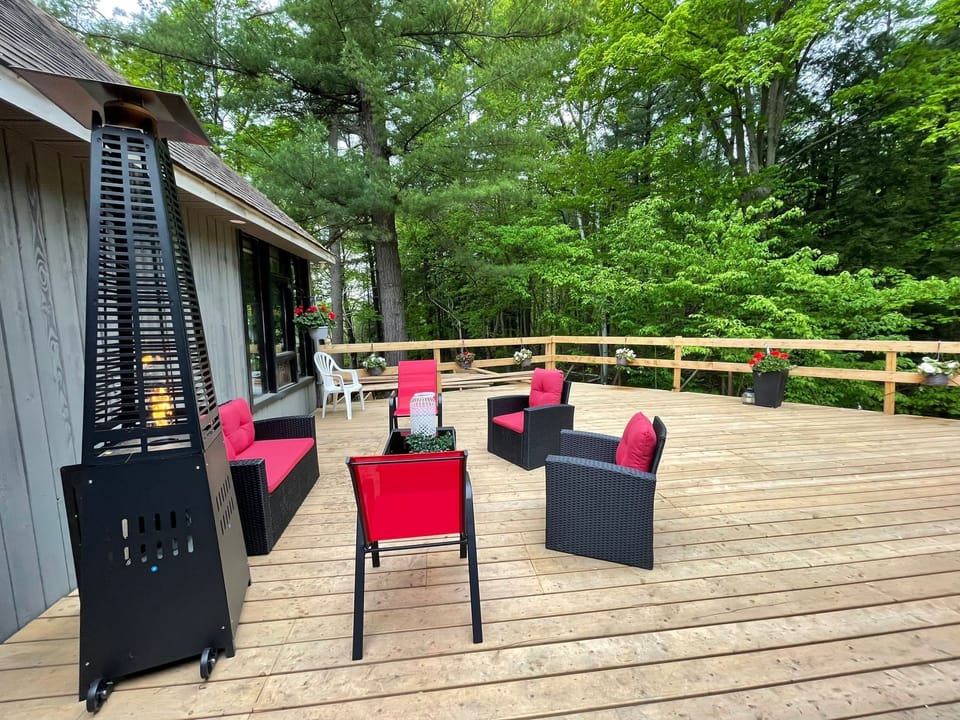 large patio surrounded by trees