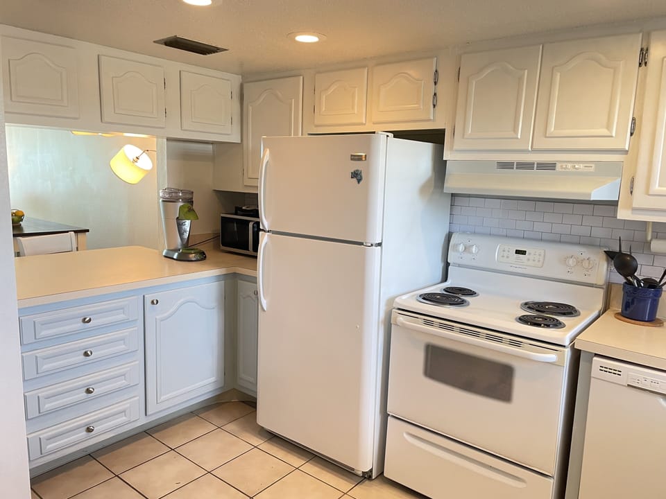 Fully stocked kitchen includes refrigerator, oven/stove, dishwasher, microwave