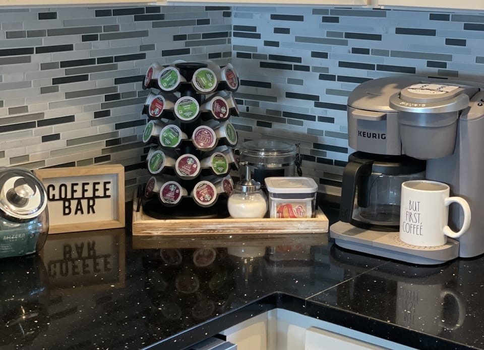 Coffee, Pods, Sugar, Creamer and Tea bags provided 