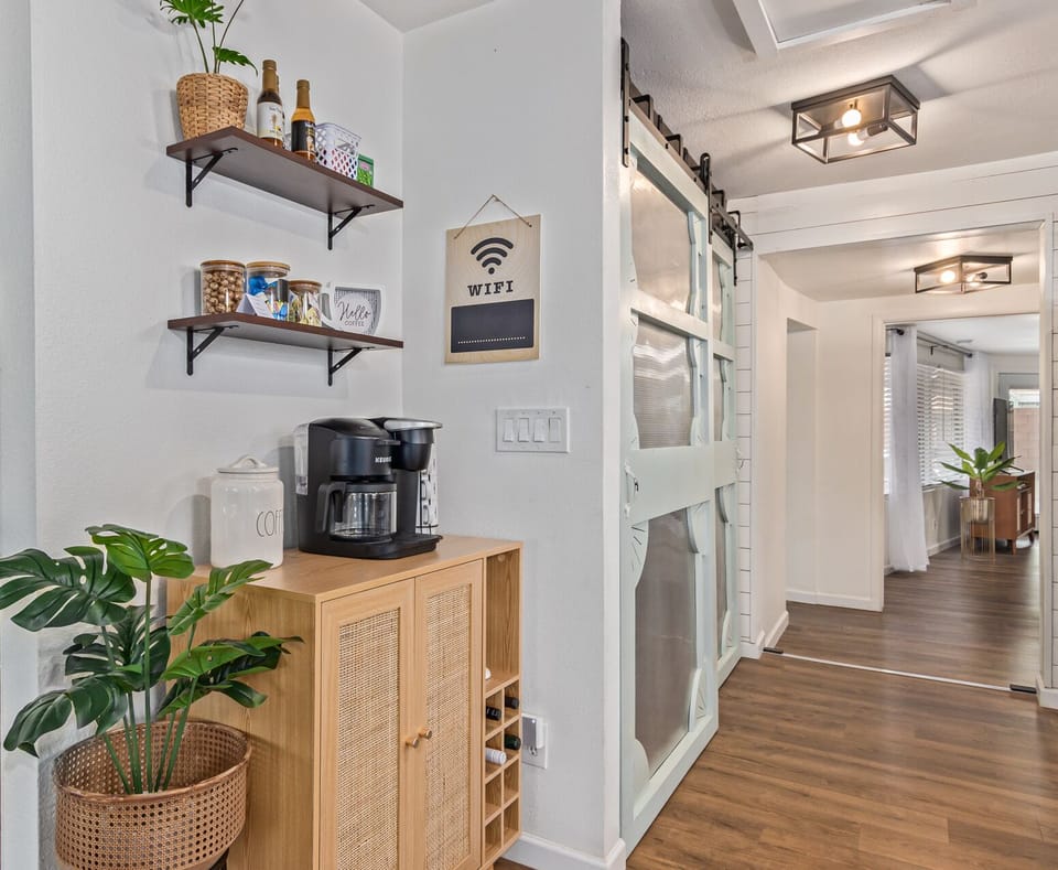 Fully stocked coffee & tea station, pantry with spices and condiments