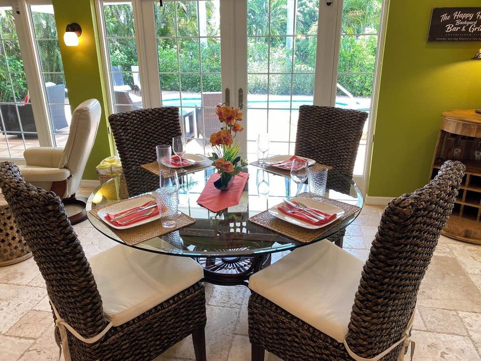 Dining area with pool view.