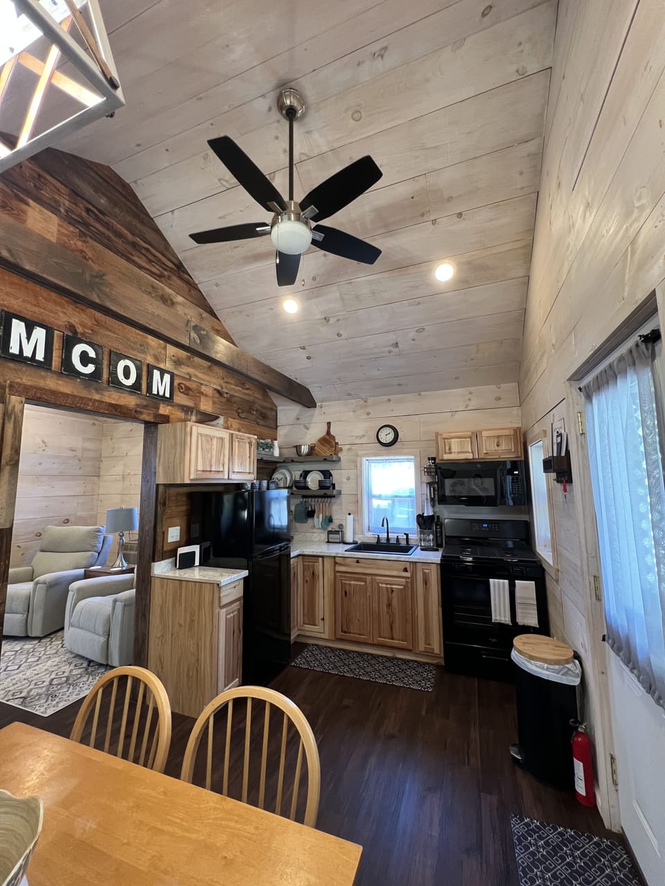 Fridge/freezer, stove and oven, microwave, toaster and Keurig. 
