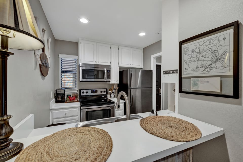 Bar seating looking into kitchen.