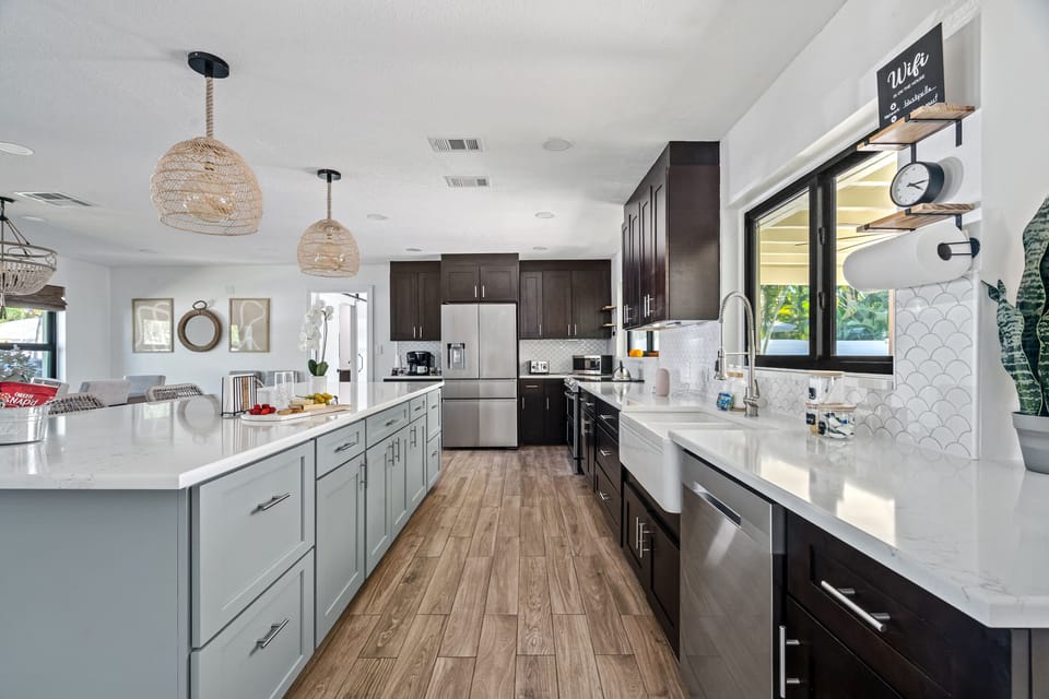 A big kitchen island is the focal point of the home.