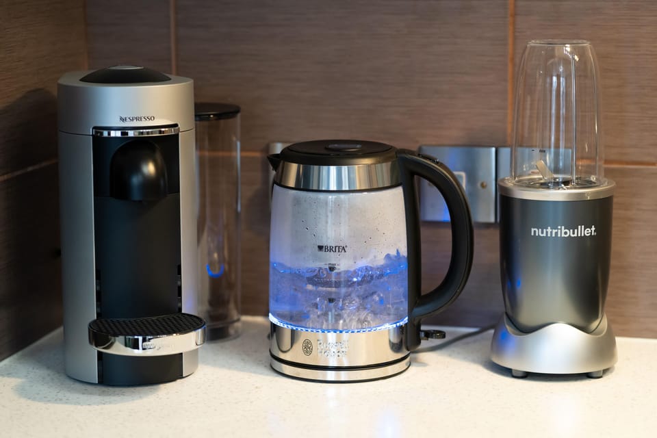 We love quality kitchen appliances, so enjoy our BRITA Filter kettle, Nutribullet blender and Nespresso machine.
